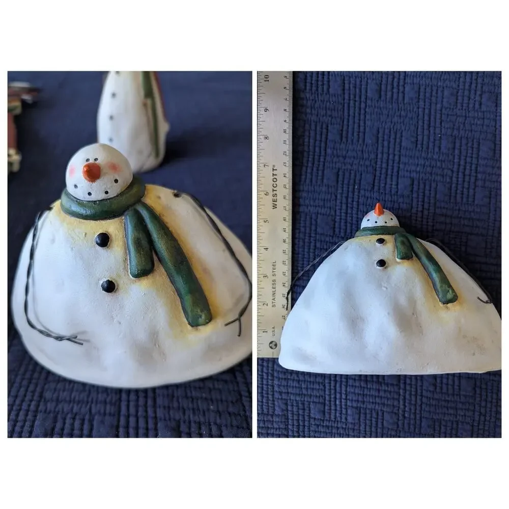 Pair Vintage Hand Painted Ceramic Snowman Figurines Folk Art Christmas Decor